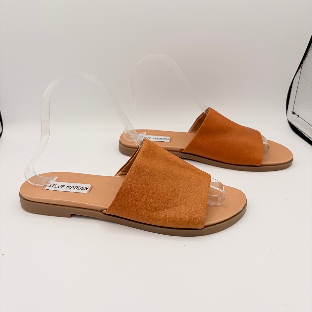 Steve Madden Karolyn Slide Sandal 7 Minimalist Cognac Leather Flat Slip On Brown